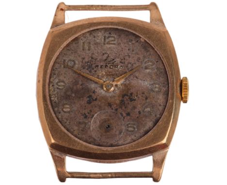 RECORD - a 9ct gold mechanical wristwatch head, circa 1960s, silvered dial with gilt Arabic numerals, lance hands and subsidi
