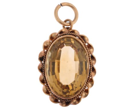 A 9ct gold citrine pendant, maker DJE, Edinburgh 1962, rub-over set with oval step-cut citrine within rope twist surround, 27