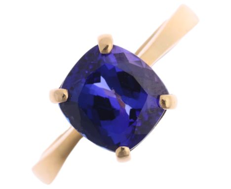 An 18ct gold single stone tanzanite ring, set with 3ct cushion-cut tanzanite, tanzanite weight calculated from dimensions: 8.