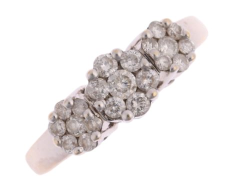 An 18ct white gold diamond triple cluster ring, set with modern round brilliant-cut diamonds, total diamond content approx 0.