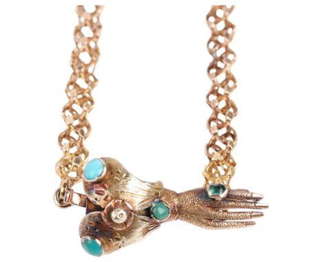 A fine Georgian Regency gem set hand fancy link long guard chain necklace, the hand set with green paste ring and cabochon tu