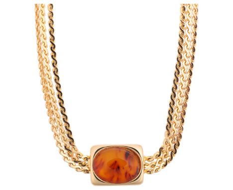 CHRISTIAN DIOR - a Vintage gold plated Bakelite necklace, on multi-strand serpentine link chain, pendant 22.1mm, necklace 43c