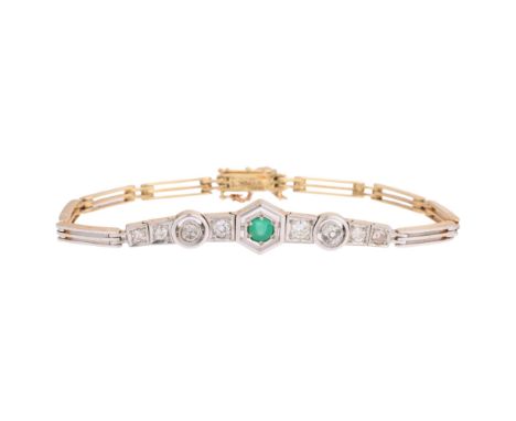 A 14ct gold emerald and diamond bracelet, indistinct maker, in the Edwardian style, total diamond content approx 0.5ct, setti
