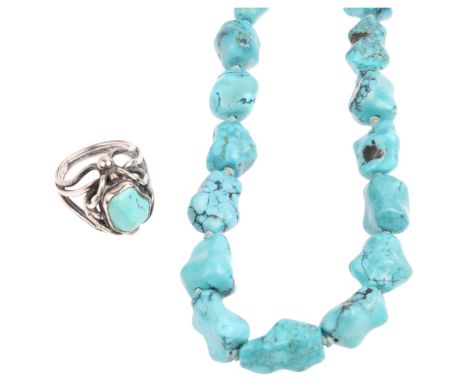 A similar turquoise necklace and ring, necklace 44cm, ring size P, 81.5g total (2) Condition Report:No damage or repair, only