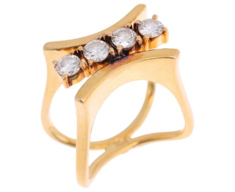 A modernist 14ct gold diamond abstract ring, unsigned, claw set with modern round brilliant-cut diamonds, total diamond conte