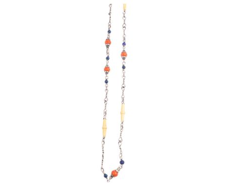 A Scandinavian silver coral marine ivory and lapis lazuli spacer link chain necklace, 76cm, 14g Condition Report:No damage or