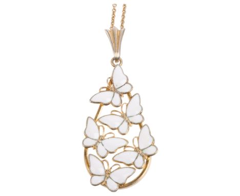VOLMER BAHNER - a Danish sterling silver-gilt white enamel butterfly pendant necklace, on sterling silver-gilt chain, pendant