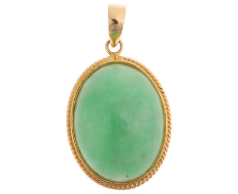 A Chinese 14ct gold jade pendant, set with oval cabochon jade, 26.2mm, 2.1g Condition Report:No damage or repair, stamped 585