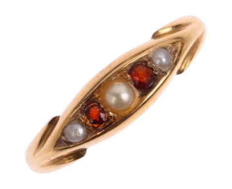 A 19th century 18ct gold five stone split pearl and garnet half hoop ring, Birmingham 1894, setting height 4.8mm, size M, 2.5