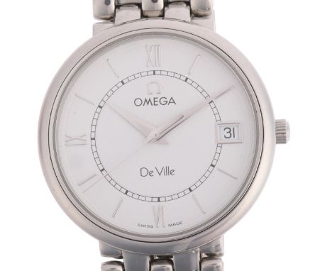 OMEGA - a stainless steel De Ville quartz calendar bracelet watch, ref. 396.2532, circa 2001, white dial with quarterly Roman