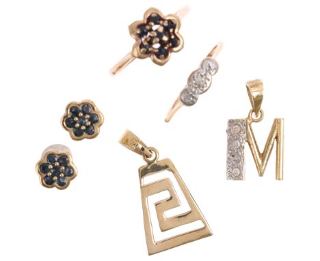 Various gold jewellery, including three stone diamond ring, 14ct gold Greek Key pendant, etc, 7g gross Condition Report:Lot s