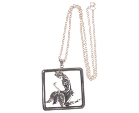 FIR HANSEN & ANDERSEN - an Art Deco Danish silver "Lady With Swan" openwork pendant necklace, on unmarked cable link chain, p