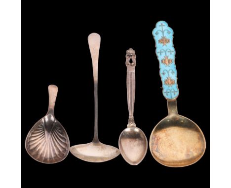 4 silver spoons, including George III tea caddy spoon, Georg Jensen Danish Kongens coffee spoon, Tostrup enamel preserve spoo