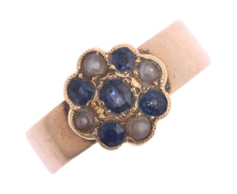 An Antique 12ct rose gold sapphire and pearl cluster band ring, setting height 9.6mm, size J, 3.7g Condition Report:All stone