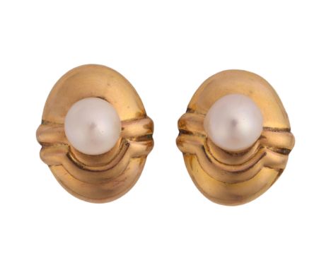 A pair of 9ct gold whole cultured pearl earrings, maker AS, import Sheffield 1992, with clip and post fittings, 20.4mm, 7.3g 