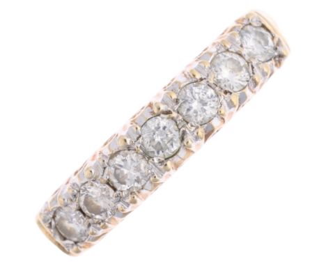 A 9ct gold seven stone diamond half hoop ring, set with modern round brilliant-cut diamonds, total diamond content approx 0.4