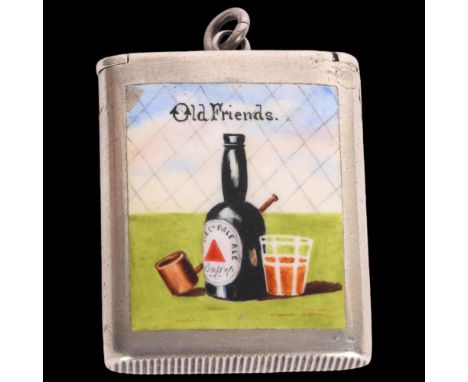 A late Victorian novelty silver and enamel 'Old Friends' Vesta case, George Unite, Birmingham 1894, rectangular form with han