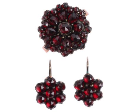 An Antique Bohemian garnet flowerhead cluster ring and earring set, apparently unmarked, setting height 16.5mm, size N, earri