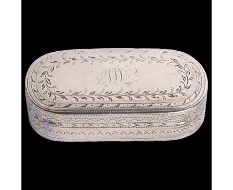 A George III silver snuffbox, Samuel Pemberton, Birmingham 1799, oval form with bright-cut engraved decoration, 6cm x 3cm Con