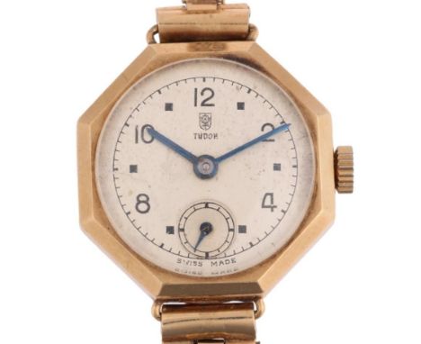 TUDOR - a lady's 9ct gold mechanical wristwatch, ref. 87732, circa 1940s, silvered dial with eighthly Arabic numerals, blued 