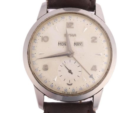 CYMA - a Vintage stainless steel triple calendar mechanical wristwatch, circa 1950s, ref. 2.6101 880, circa 1950s, silvered d