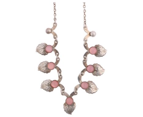 HERMANN SIERSBOL - a Danish modernist sterling silver pink moonstone floral fringe necklace, 40cm, 11.5g Condition Report:No 