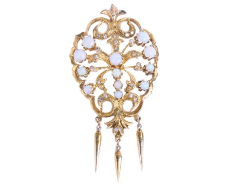 A large opal and diamond openwork pendant/brooch, in the Victorian style, set with round cabochon opals and single-cut diamon
