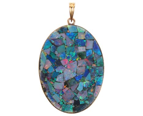 A 14ct gold mosaic opal pendant, 62mm, 14.5g Condition Report:A few of the opal slices near bottom are cracked with small chi