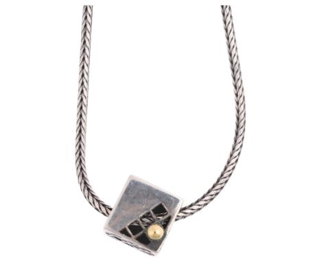 JENS JOHS AAGAARD - a Danish modernist sterling silver-gilt cube openwork pendant necklace, on sterling foxtail link chain, p