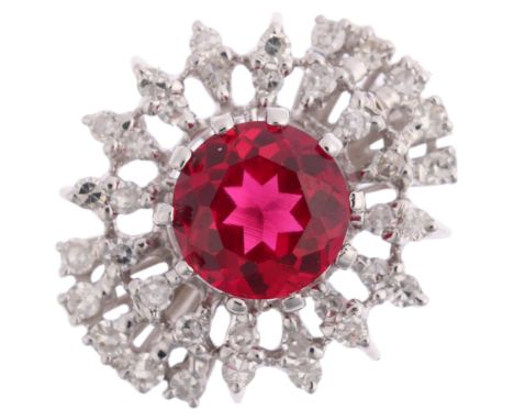 A modern 18ct white gold synthetic ruby and diamond cluster ring, set with round-cut ruby and single-cut diamonds, setting he