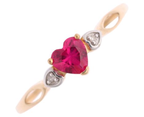 A modern 9ct gold synthetic ruby and diamond heart ring, setting height 5.4mm, size U, 1.1g Condition Report:No damage or rep