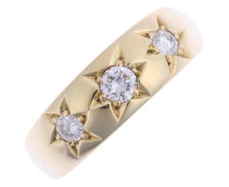 A 14ct gold three stone diamond gypsy ring, star set with modern round brilliant-cut diamonds, total diamond content approx 0