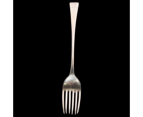 An Antique George III silver Old English pattern salad serving fork, indistinct hallmarks, long-handled with 6 tines, 28cm, 3