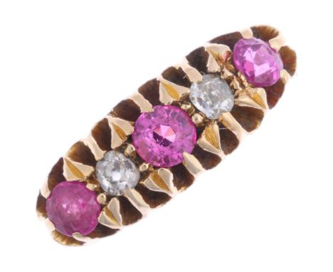 An early 20th century 18ct gold five stone ruby and diamond half hoop ring, maker JD&S, Chester 1913, setting height 5.7mm, s