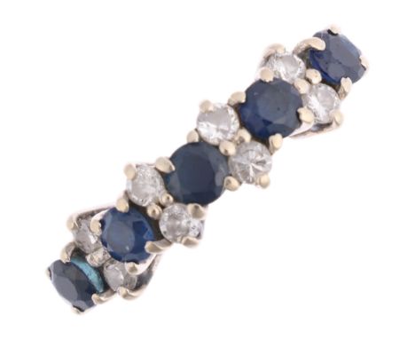 An 18ct gold sapphire and diamond half hoop ring, maker HWT, set with round-cut sapphires and modern round brilliant-cut diam