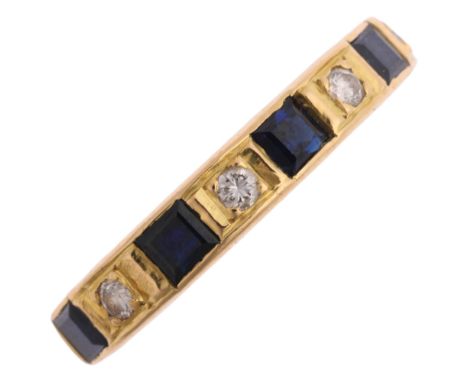 An 18ct gold sapphire and diamond half eternity ring, set with calibre-cut sapphires and modern round brilliant-cut diamonds,