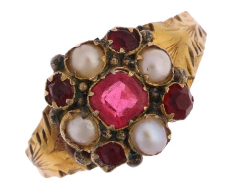 A Victorian 12ct gold ruby and pearl cluster mourning ring, maker AG&Co, with engraved shank, setting height 10.1mm, size F, 