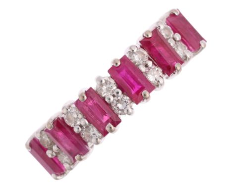 An 18ct white gold ruby and diamond half hoop ring, maker MJ&Co, London 2003, set with rectangular step-cut rubies and modern
