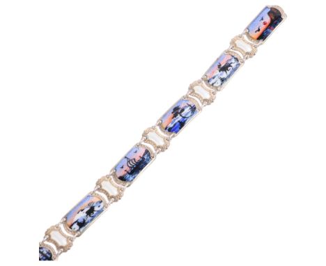 IVAR T HOLTH - a Norwegian sterling silver-gilt enamel 'Winter And Viking' panel bracelet, band width 11.5mm, 18.5cm, 20.4g C