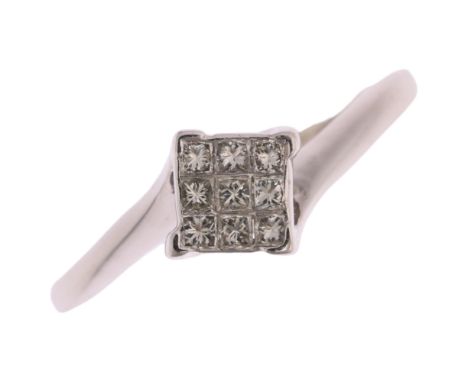 A modern 9ct white gold diamond square cluster ring, set with Princess-cut diamonds, total diamond content approx 0.25ct, set
