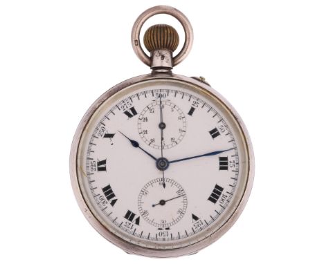 An early 20th century silver-cased open-face keyless chronograph pocket watch, white enamel dial with Roman numeral hour mark