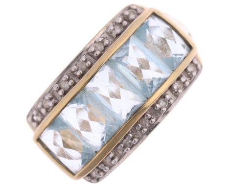 A modern blue topaz and diamond half hoop ring, in unmarked 9ct gold, setting height 10.8mm, size approx O, 4.1g Condition Re