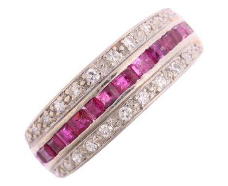 An Art Deco ruby and diamond triple-row half eternity ring, circa 1925, channel and pave set with calibre-cut rubies and eigh