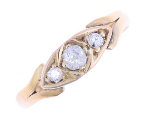 A 19th century 22ct gold three stone diamond ring, indistinct maker, Birmingham 1876, set with old-cut diamonds, total diamon