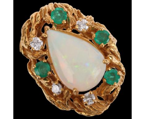 A 1970s 14ct gold opal emerald and diamond naturalistic nest ring, set with pear cabochon opal, round-cut emeralds and modern