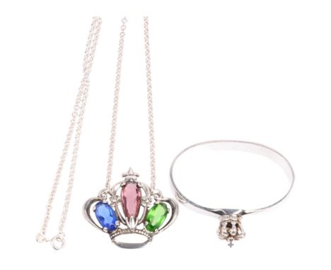 A Danish modernist sterling silver 'Crown Of Christian V' napkin ring and pendant necklace, necklace 60cm, 38.8g total (2) Co