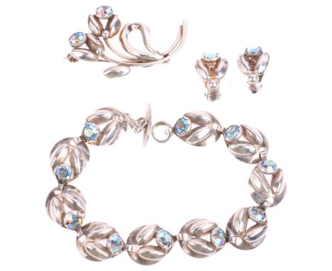 HERMANN SIERSBOL - a Danish modernist sterling silver blue crystal floral jewellery set, comprising panel bracelet, 20cm, bro