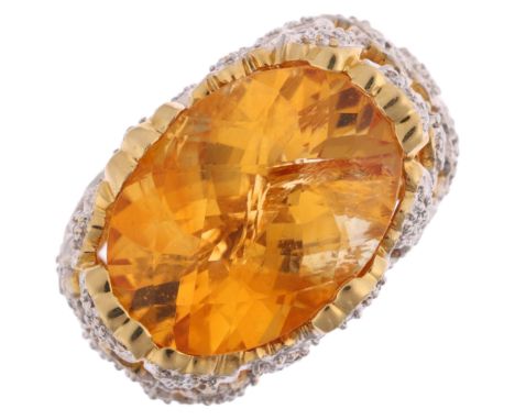 A large 18ct gold citrine and diamond floral dress ring, set with oval rose-cut citrine and single-cut diamonds, setting heig