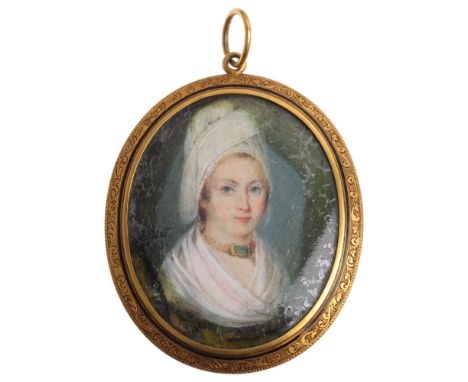 A large Georgian oval portrait mourning locket pendant, circa 1800, the front having hand painted miniature watercolour half-