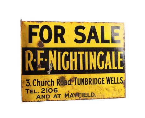 Vintage Original enamel sign, double sided, 'For Sale R E Nightingale, Church Road, Tunbridge Wells, Tel. 2106 and at Mayfiel